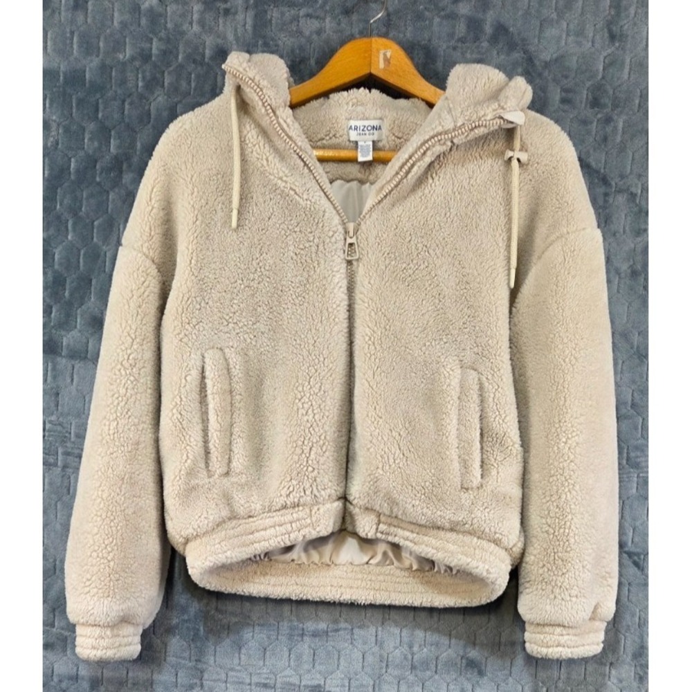 Arizona Faux Fur Full Zip Jacket, Women's Size M Off White Hooded Lined - Picture 1 of 8